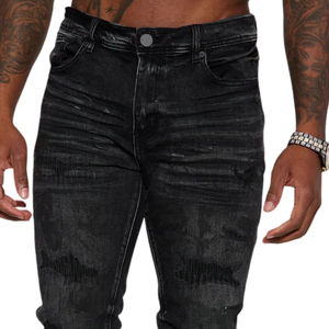 Jeans Negros para Hombre, Corte Regular, Mezclilla Elástica, Efecto Lavado Medio, Cinco Bolsillos Clásicos, Estilo Desgastado, Moda Urbana, Uso Diario - Product Image 3