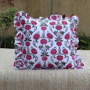 Floral Ruffle Cushion Cover Square Bohemian Style Pink <b>White</b> Pattern Home Decor Pillowcase 100% Cotton Printed <b>Envelope</b> Closure - Product Image 1