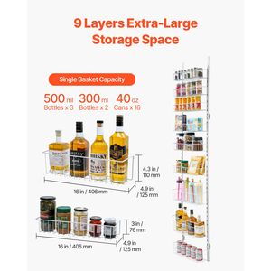 Organizzatore da Cucina a 9 Ripiani in Acciaio Resistente, Montabile Sopra la Porta, Porta Spezie Regolabile a Parete con Sistema di Stoccaggio ad Alta Visibilità - Product Image 4