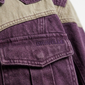 Veste en jean vintage délavée à blocs de couleur style western streetwear avec empiècements contrastants pour homme – Violet Kaki personnalisé - Product Image 6