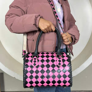 Western <b>Style</b> Pink & Black Checkered Medium Speedy Bag Stylish Women's Shoulder Crossbody Handbag Hand Tooled Leather Duffel Bag - Product Image 4