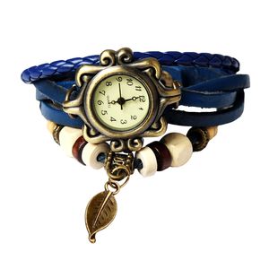 Belle montre à anneau pour femme en cuir faite à la main, style bohème rétro, design feuille d'arbre bleue - Product Image 1