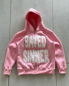 Sweat à capuche vintage surdimensionné en coton French Terry 500 g/m² de haute qualité, style streetwear, avec broderie et patchwork - Product Image 1