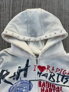 Acid Wash Hoodie Men 100% Cotton <b>Oversized</b> <b>Vintage</b> Pullover Hoodie Screen Print Logo Rhinestone Streetwear <b>Sweatshirt</b> - Product Image 2