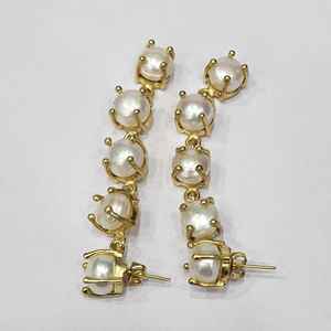 925ต่างหูเงินแท้สไตล์วินเทจทำมือดีไซน์เนอร์ทองคำขัดเงาเพชรมุกธรรมชาติ - Product Image 2