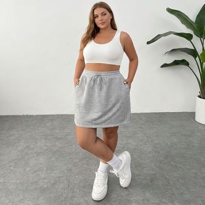 Mini-jupe décontractée grise pour femme, taille élastique avec cordon de serrage, couleur unie, confortable, en coton tricoté et élasthanne, coupe droite, toutes saisons - Product Image 2