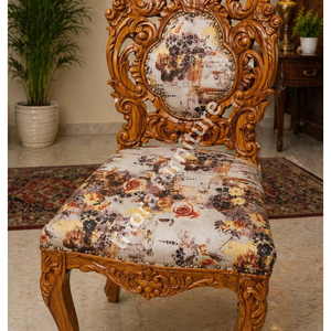 Silla de Comedor de Madera Maciza Hecha a Mano de Lujo, Tallado Real Ornamentado, Asiento Tapizado Floral Vintage - Product Image 3