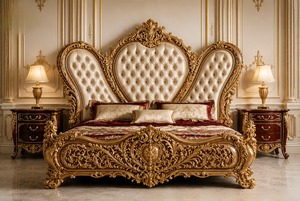 Ensemble de lit de luxe de style persan, en teck massif sculpté à la main avec feuilles dorées, dessus en cuir, durable, garantie, chambre à coucher classique royale - Product Image 2