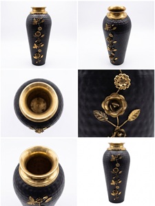 Luxury matte black floor <b>vase</b> Medium with hammered gold rim and intricate floral vine detailing. Premium home decor centerpiece - Product Image 5
