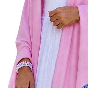 Women's Pink Open Front Long Sleeve <b>Wrap</b> Cardigan with Fringe Hem and Jack & Jill Embroidery, Lightweight Fashion <b>Shawl</b> - Product Image 5