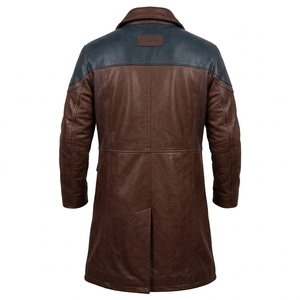 Manteau long en cuir véritable marron et bleu acier pour homme, avec poches contrastantes sur les épaules et col rabattable – Fournisseur B2B - Product Image 2