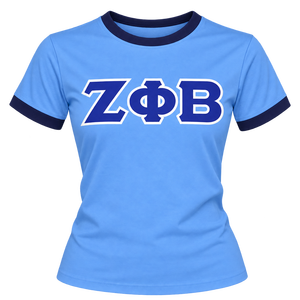 เสื้อยืด Zeta Phi Beta สำหรับผู้หญิง สีฟ้าอ่อน แต่งขอบสีกรมท่า ตัวอักษรกรีกสีน้ำเงินเข้ม ปักลาย ZOB ทรงพอดีตัว แขนสั้น เสื้อยืดชมรมนักศึกษา - Product Image 3