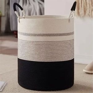 Minimalist Two-Tone Cotton <b>Rope</b> <b>Storage</b> <b>Basket</b> Soft Woven Laundry Hamper With Sturdy Handles For Bedroom Living Room <b>Basket</b> - Product Image 1
