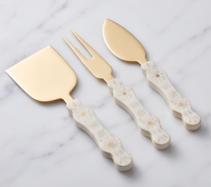 Juego de 3 cuchillos para queso de acero inoxidable dorado con mangos decorativos de cerámica para uso en la cocina - Product Image 3