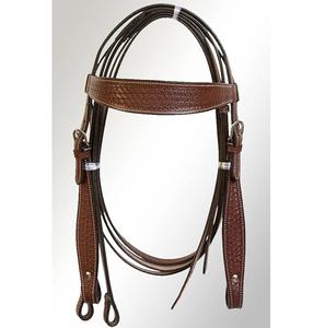 Cabezada, pechopetral y riendas de cuero marrón estilo western con bordado artesanal de cesta, fabricante indio, marca LLT - Product Image 1