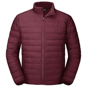 <b>Men's</b> Maroon Lightweight <b>Canvas</b> Puffer <b>Jacket</b> Stand Collar Zipper Closure Windproof Casual Winter Wear Solid Color Slim Front - Product Image 1