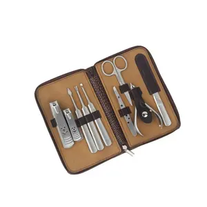 Vente en gros de 9 pièces kit de pédicure/manucure ensemble d'instruments de soins de beauté en acier inoxydable avec pochette en cuir Pu personnalisée