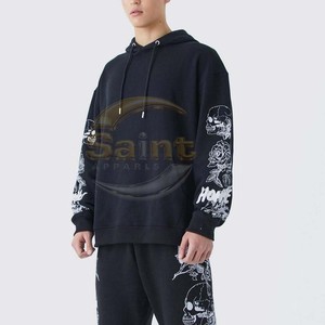 Ensemble sweat-shirt et pantalon de survêtement noir à capuche pour homme, imprimé crâne, streetwear, tenue deux pièces - Product Image 2