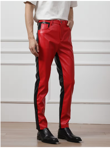 Spezia International Men's Red PU Coated Winter Heavyweight <b>Trousers</b> Black Side Stripe Straight Fit <b>Elastic</b> <b>Waist</b> Multiple Pants - Product Image 5