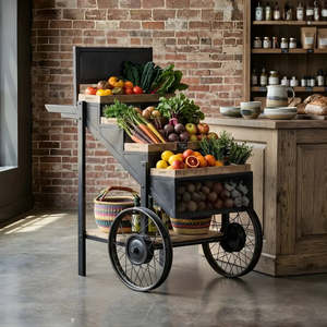 Chariot de service de marché Leeds en métal et bois, comptoir de food truck, chariot de buffet, table de présentation, design industriel antique - Product Image 5