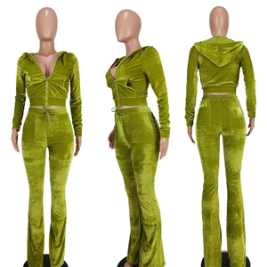 Velvet Eco-Friendly Solid Hooded Tracksuit Set Printed Crop Top Jogger Pants <b>Women</b> 2-in-1 Summer Casual Streetwear - Product Image 2