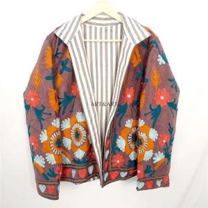 Handmade Floral Embroidery Quilted Cotrise Fabric <b>Jacket</b> Button Detail Cotton Stripe Lining Breathable Eco-Friendly Thick Winter - Product Image 6