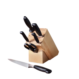 Ensemble de couteaux de cuisine à lame argentée avec manches noirs, bloc en bois marron clair, cisailles et aiguiseur pour trancher, couper et préparer les aliments - Product Image 6