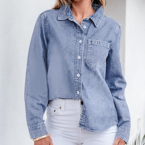 Camisa de mezclilla ligera vintage de invierno para mujer, de manga corta, con botones, solapa y cordones, corte regular, fina, informal, top corto. - Product Image 5