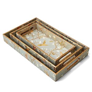 Ensemble de plateaux de service décoratifs en bois de luxe, gravés, rectangulaires, motif floral et oiseaux, style moderne, ensemble multi-pièces pour la salle à manger à domicile - Product Image 1