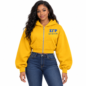 Sudadera con capucha amarilla con cremallera y bordado de letras griegas azules, logotipo de la hermandad Sigma Gamma Rho, sudadera de forro polar personalizada con bolsillo canguro - Product Image 1