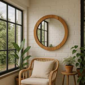 Minimalist Round Solid Wood Wall Mirror Modern Circular <b>Oak</b> <b>Frame</b> Vanity Mirror Aesthetic Dining Living Room Hanging Wall Decors - Product Image 2