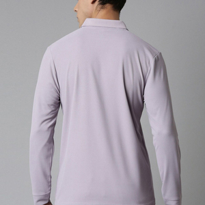 Polo à manches longues pour homme, coupe ajustée, couleur unie, extensible, respirant, léger, décontracté, col classique, pour tous les jours - Product Image 1