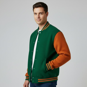 Veste universitaire unisexe verte et orange |   Blouson bomber en polaire |   Veste de sport Holiday Streetwear à blocs de couleurs vert et orange, style universitaire, taille régulière - Product Image 4