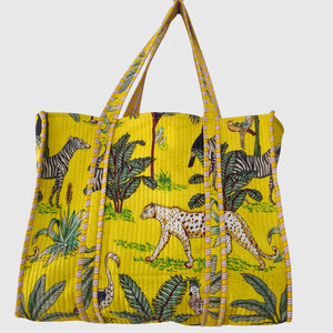 <b>Yellow</b> Cotton Tote <b>Bag</b> With Animal Print Bohemian Style Open Top For Shopping All Seasons - Product Image 1