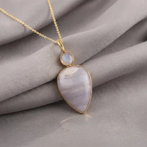 Pendentif de mode en pierre de lune et agate bleue dentelle, en laiton massif plaqué or 18 carats, forme poire et ronde, bijoux les plus vendus en gros - Product Image 5