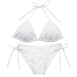 Conjunto de Bikini de Dos Piezas para Mujer, Talla Grande, Color Blanco, Estilo Simple, Top Triangular con Cuello Halter, Shorts con Lazos Laterales, Poliéster/Nailon de Secado Rápido - Product Image 4
