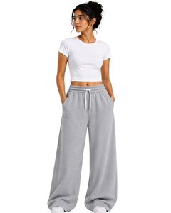Custom <b>Light</b> Grey Women Wide Leg Sweatpants High Waist Loose Fit Casual Streetwear <b>Lounge</b> Fleece Trousers With Drawstring Pocket - Product Image 1