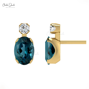 Natural 7x5mm <b>London</b> Blue Topaz Studs 14k Solid Gold Gemstone Studs Earring Handmade Wedding Earrings Wholesale Lots - Product Image 1