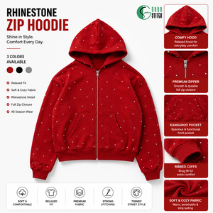 Custom Rhinestone <b>Zip</b> Up Hoodie Heavyweight Fleece Full <b>Zip</b> <b>Hooded</b> Sweatshirt Streetwear OEM ODM Manufacturer - Product Image 1