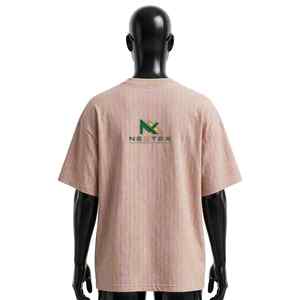 NEXTEX เสื้อยืดลายทางสำหรับทุกเพศสีเบจสีชมพูผ้าฝ้ายเนื้อนุ่มคอกลมเสื้อยืดลำลอง - Product Image 3