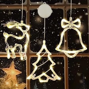 Set di 3 Luci Natalizie a Batteria per Finestre, Decorazioni con Albero di Natale, Renna e Campana, Illuminazione Bianca Calda - Product Image 1