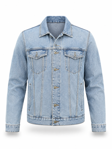 Veste en jean bleu clair pour homme 100% coton coupe classique fermeture boutonnée délavée style streetwear décontracté coupe-vent écologique automne - Product Image 1