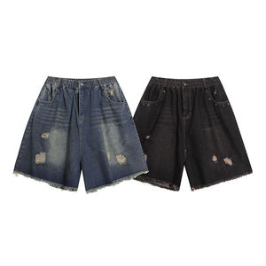 Pantalones cortos de mezclilla para hombre, de cintura media, rasgados, estilo casual, con cintura elástica, lavado a la piedra, dobladillo deshilachado, estilo tejido de poliéster - Product Image 6