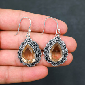 Boucles d'oreilles personnalisées en Morganite créée en laboratoire, en argent sterling 925, 1,9 pouces, bijoux en pierres précieuses faits à la main, boucles d'oreilles fines antiques, cadeau pour femmes - Product Image 2