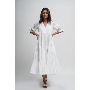 Robe midi en coton blanc pour femmes, col en V, volants superposés, manches bouffantes, style bohème, décontractée, coupe ample, robe longue d'été - Product Image 2