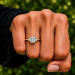 Bague de fiançailles en or massif 14K 18K avec diamant de laboratoire taille émeraude et accent latéral taille triligne, certifiée IGI DEF VVS OEM - Product Image 2