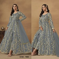 Conjunto Anarkali Semisellado de Tela de Red con Mariposas, Bordado Detallado y Abundante, Diseño de Fiesta, Vestido Indio Pakistaní
