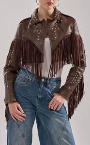 Veste en cuir véritable marron avec franges et détails rivetés, col rabattu, longueur courte, style moto, unisexe, pour l'automne - Product Image 3