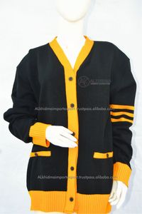 Black <b>Yellow</b> Gold V Neck Solid Color Cardigan Sweater Unisex Button Front Machine Knitted Acrylic Wool Autumn School Uniform - Product Image 3