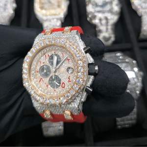 Montre-bracelet de luxe bicolore pour homme, entièrement sertie de diamants Moissanite, bracelet en caoutchouc rouge et noir, cadran date, entièrement mécanique - Product Image 2